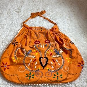 Floral Embroidered Orange Pocketed Apron-Boho-Cottagecore